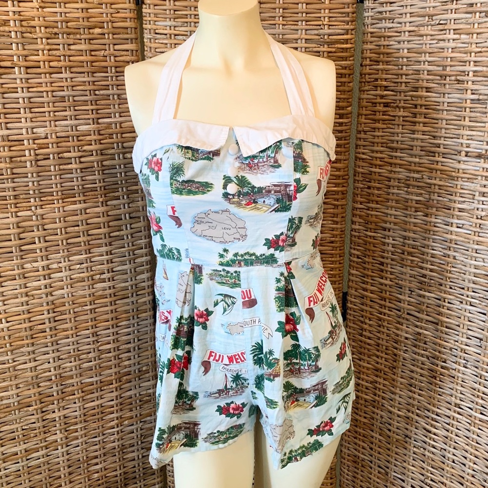Hell Bunny Pin Up Retro Tropical Island Fiji Map Print Romper Size XS